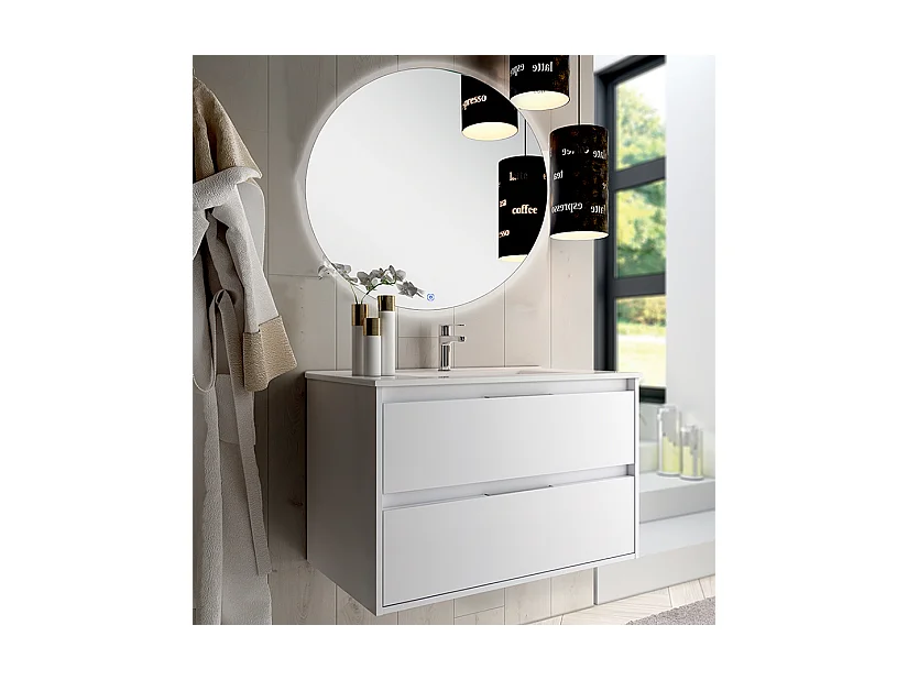 Meuble de salle de bain simple vasque - 2 tiroirs - IRIS et miroir rond Led SOLEN - blanc - 80cm