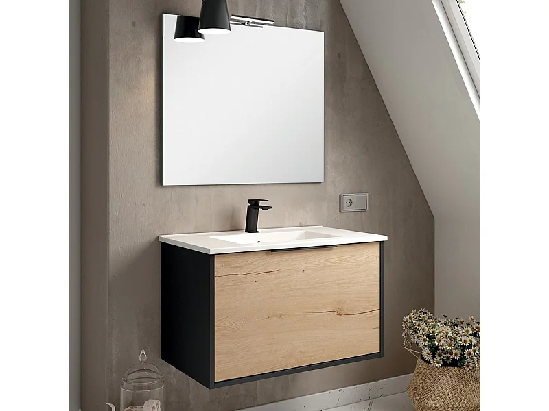 Meuble de salle de bain 80cm simple vasque - 1 façade et 2 tiroirs - ALBA - noir/roble