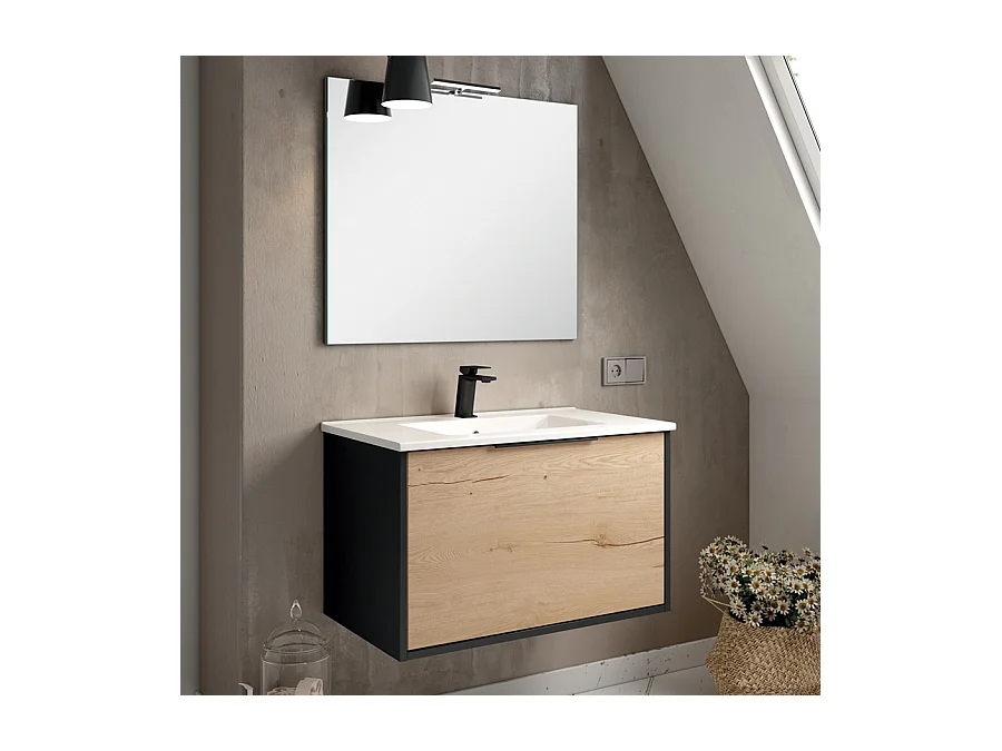 Meuble de salle de bain 80cm simple vasque - 1 façade et 2 tiroirs - ALBA - noir/roble