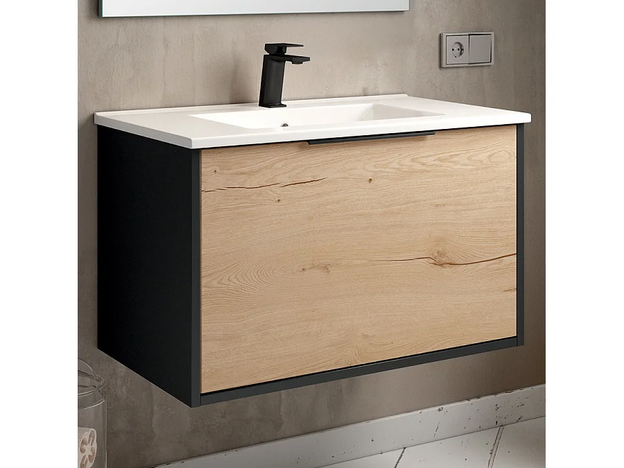 Meuble de salle de bain 80cm simple vasque - 1 façade et 2 tiroirs - ALBA - noir/roble