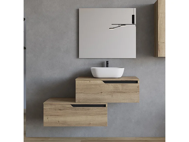 Meuble de salle de bain 120cm avec vasque à poser arrondie - 2 tiroirs - madera miel (chêne clair) - CADIX