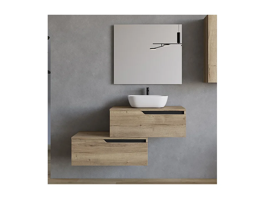 Meuble de salle de bain 120cm avec vasque à poser arrondie - 2 tiroirs - madera miel (chêne clair) - CADIX