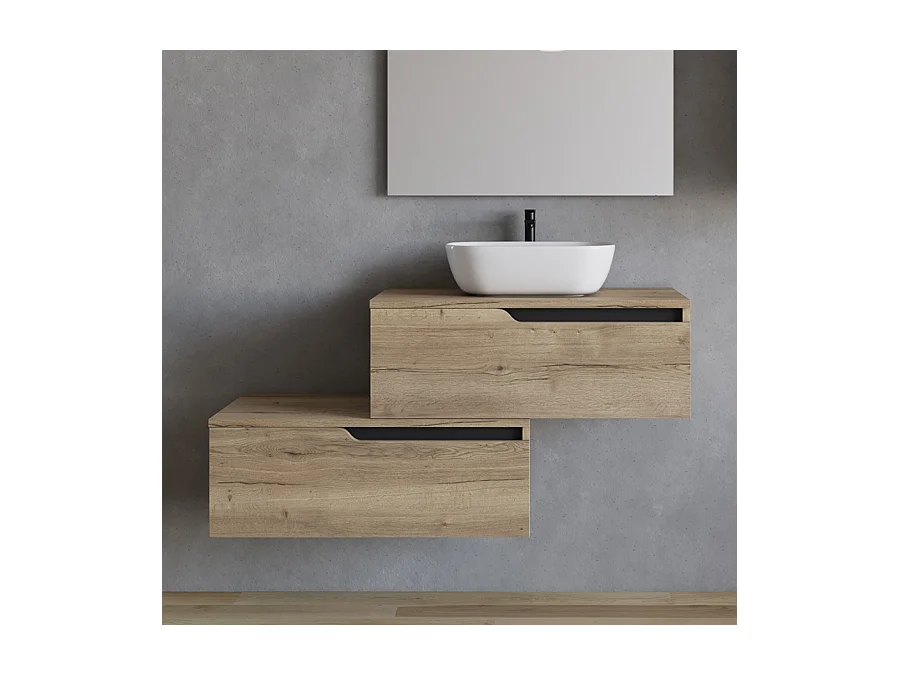 Meuble de salle de bain 120cm avec vasque à poser arrondie - 2 tiroirs - madera miel (chêne clair) - CADIX