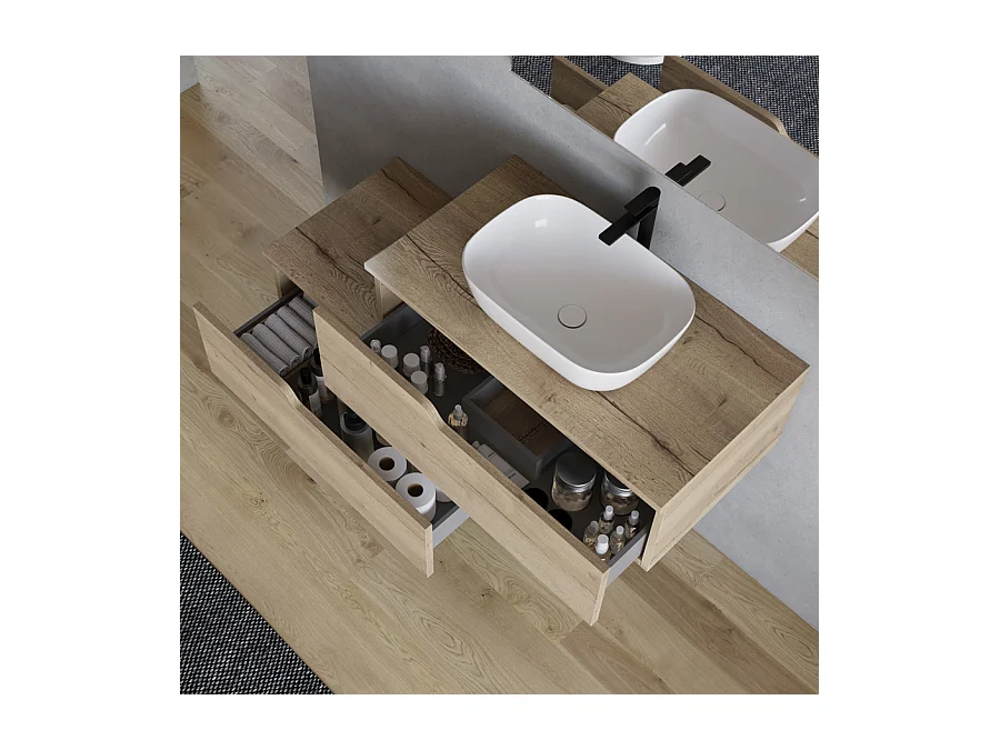 Meuble de salle de bain 120cm avec vasque à poser arrondie - 2 tiroirs - madera miel (chêne clair) - CADIX