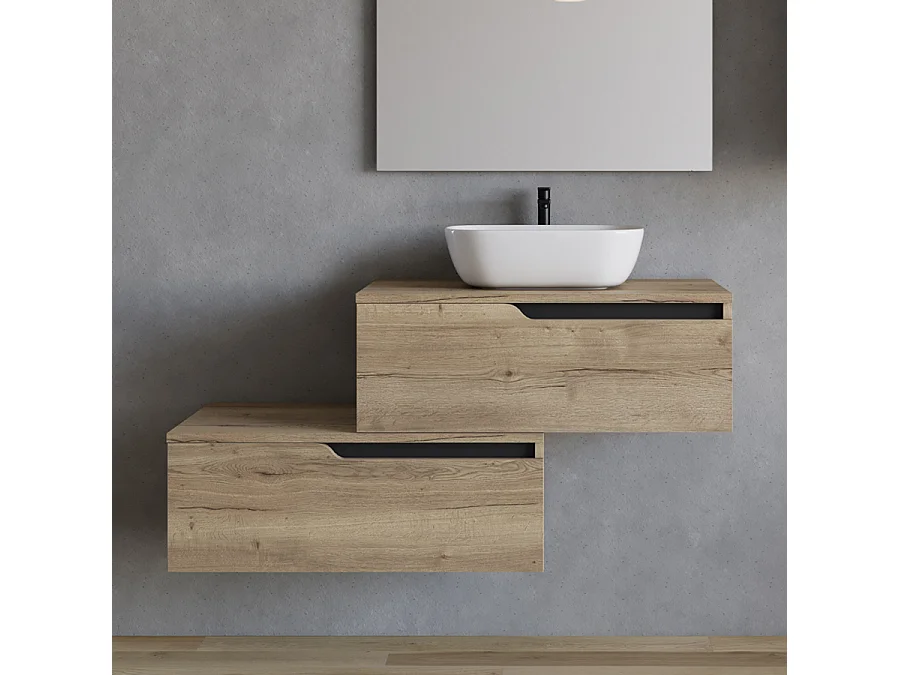 Meuble de salle de bain 120cm avec vasque à poser arrondie - 2 tiroirs - madera miel (chêne clair) - CADIX