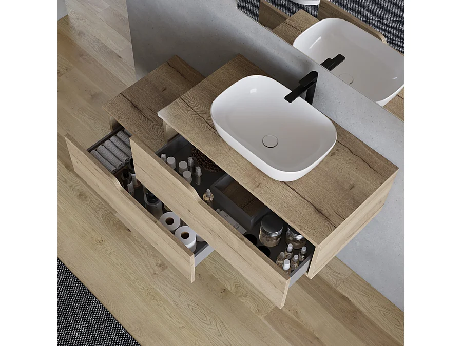 Meuble de salle de bain 120cm avec vasque à poser arrondie - 2 tiroirs - madera miel (chêne clair) - CADIX