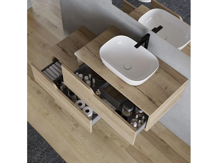 Meuble de salle de bain 120cm avec vasque à poser arrondie - 2 tiroirs - madera miel (chêne clair) - CADIX