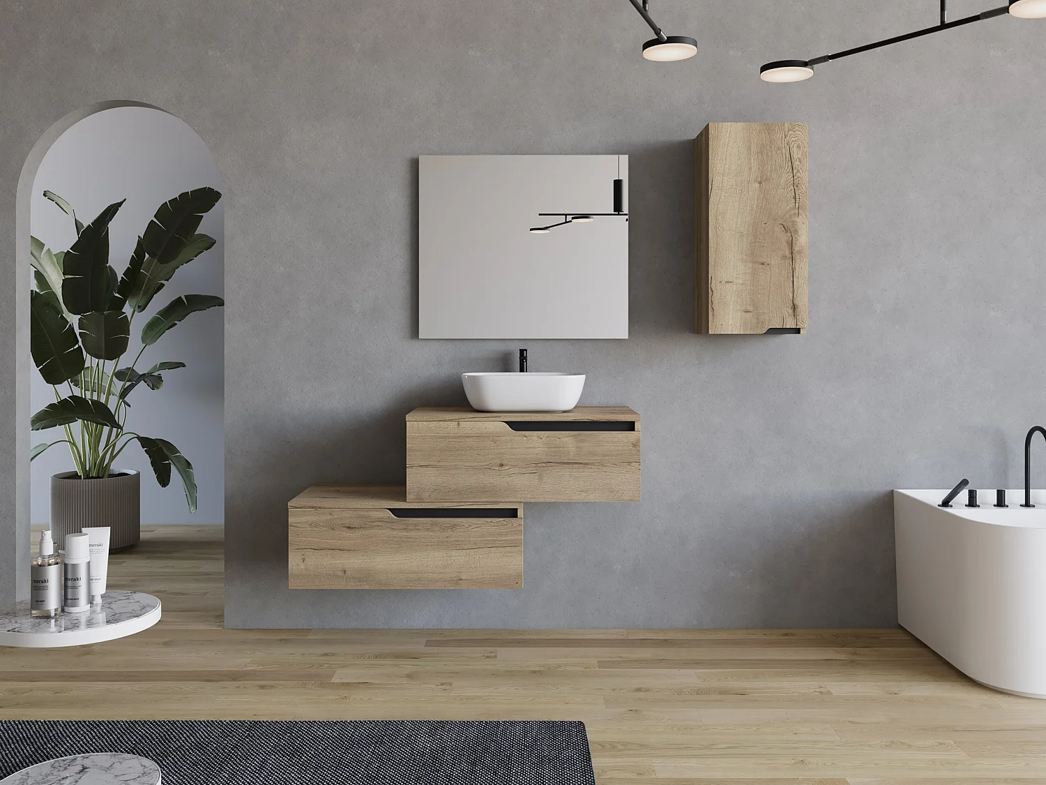 Meuble de salle de bain 120cm avec vasque à poser arrondie - 2 tiroirs - madera miel (chêne clair) - CADIX