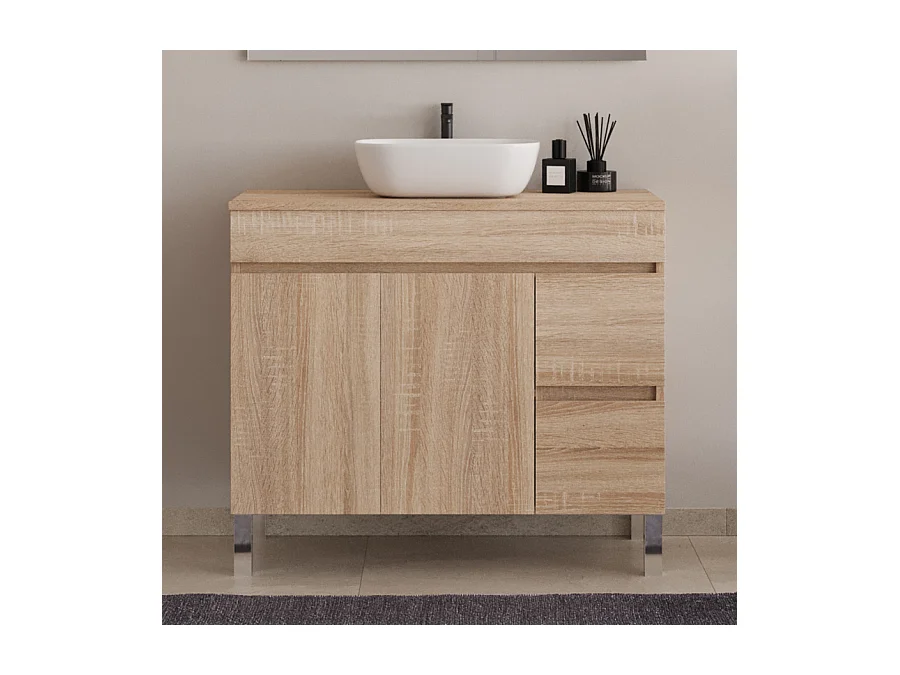 Meuble de salle de bain 100cm sur pieds avec plateau et une cuve à poser arrondie - sans miroir - portes et tiroirs - cambrian (chêne clair) - HARO