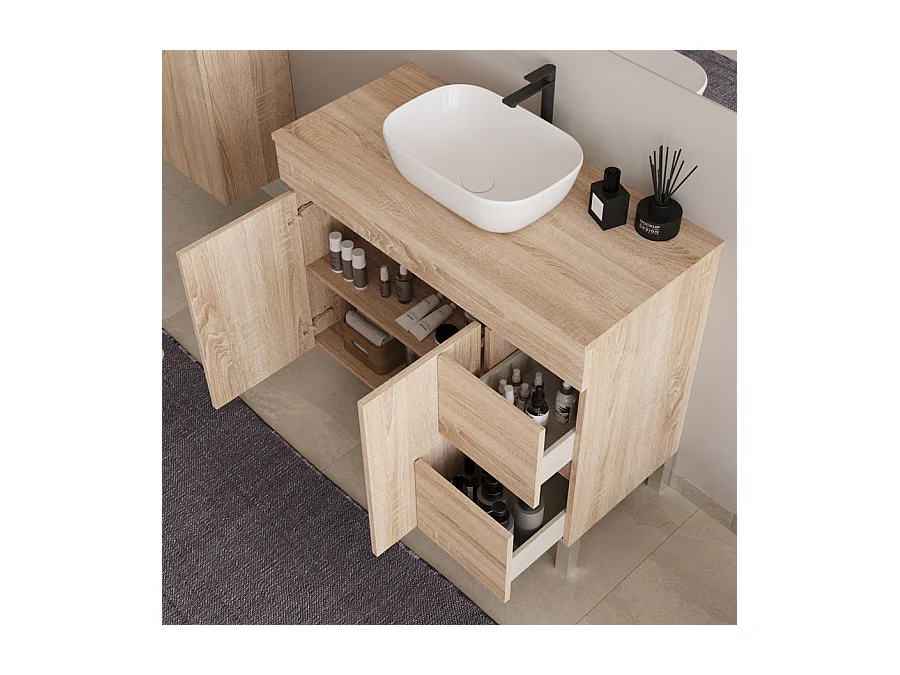 Meuble de salle de bain 100cm sur pieds avec plateau et une cuve à poser arrondie - sans miroir - portes et tiroirs - cambrian (chêne clair) - HARO