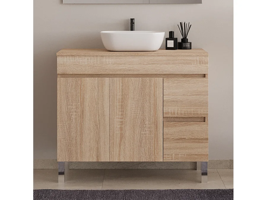 Meuble de salle de bain 100cm sur pieds avec plateau et une cuve à poser arrondie - sans miroir - portes et tiroirs - cambrian (chêne clair) - HARO