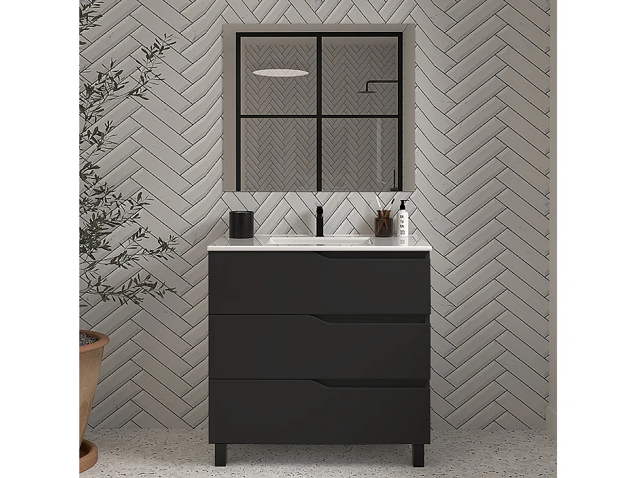 Meuble de salle de bain 80cm simple vasque - 3 tiroirs - noir - MATA