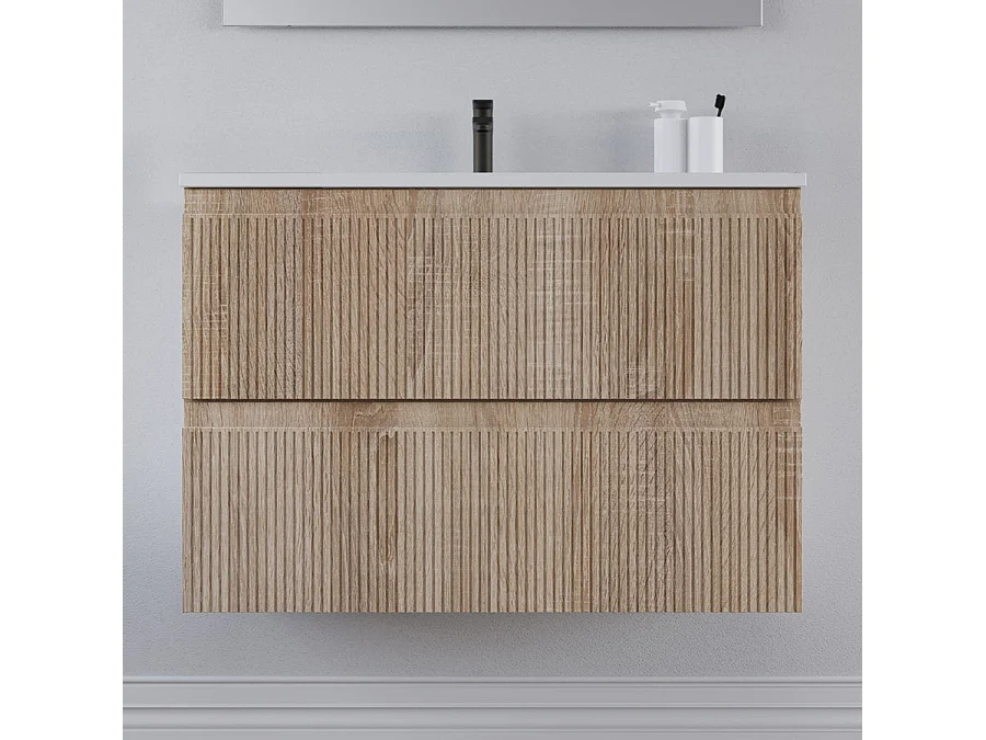 Meuble de salle de bain 80cm avec plan simple vasque - 2 tiroirs - cambrian (chêne clair) - RIBERA