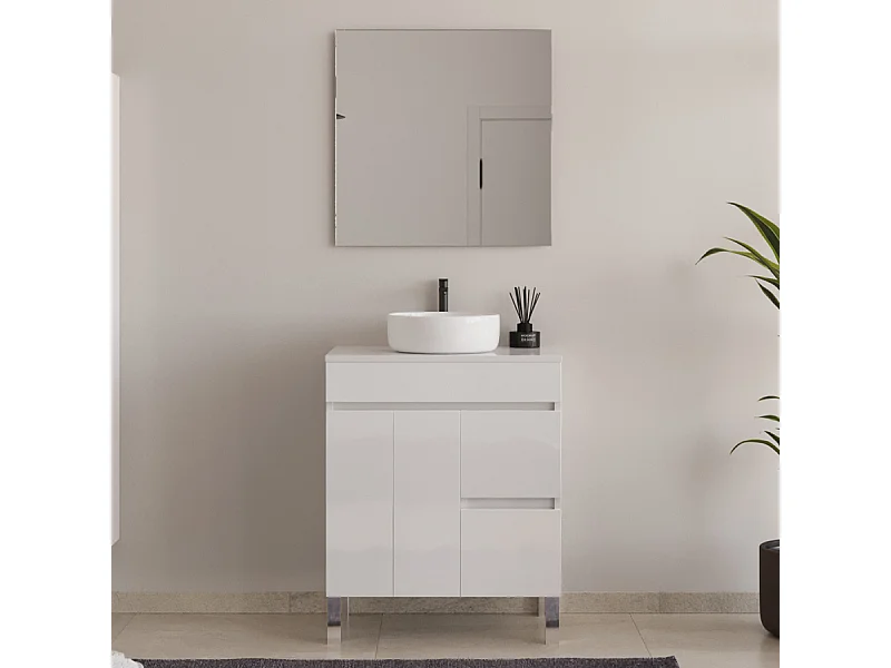 Meuble de salle de bain 70cm sur pieds avec plateau et une cuve à poser ronde - portes et tiroirs - blanc - HARO