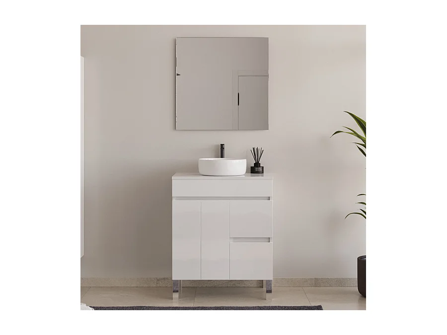 Meuble de salle de bain 70cm sur pieds avec plateau et une cuve à poser ronde - portes et tiroirs - blanc - HARO