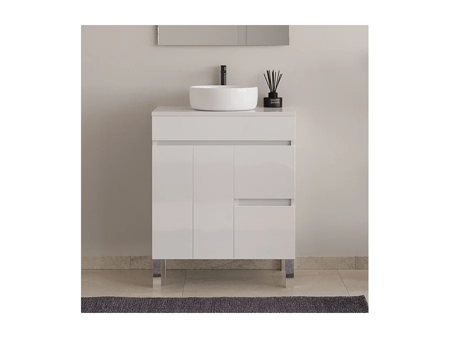 Meuble de salle de bain 70cm sur pieds avec plateau et une cuve à poser ronde - portes et tiroirs - blanc - HARO