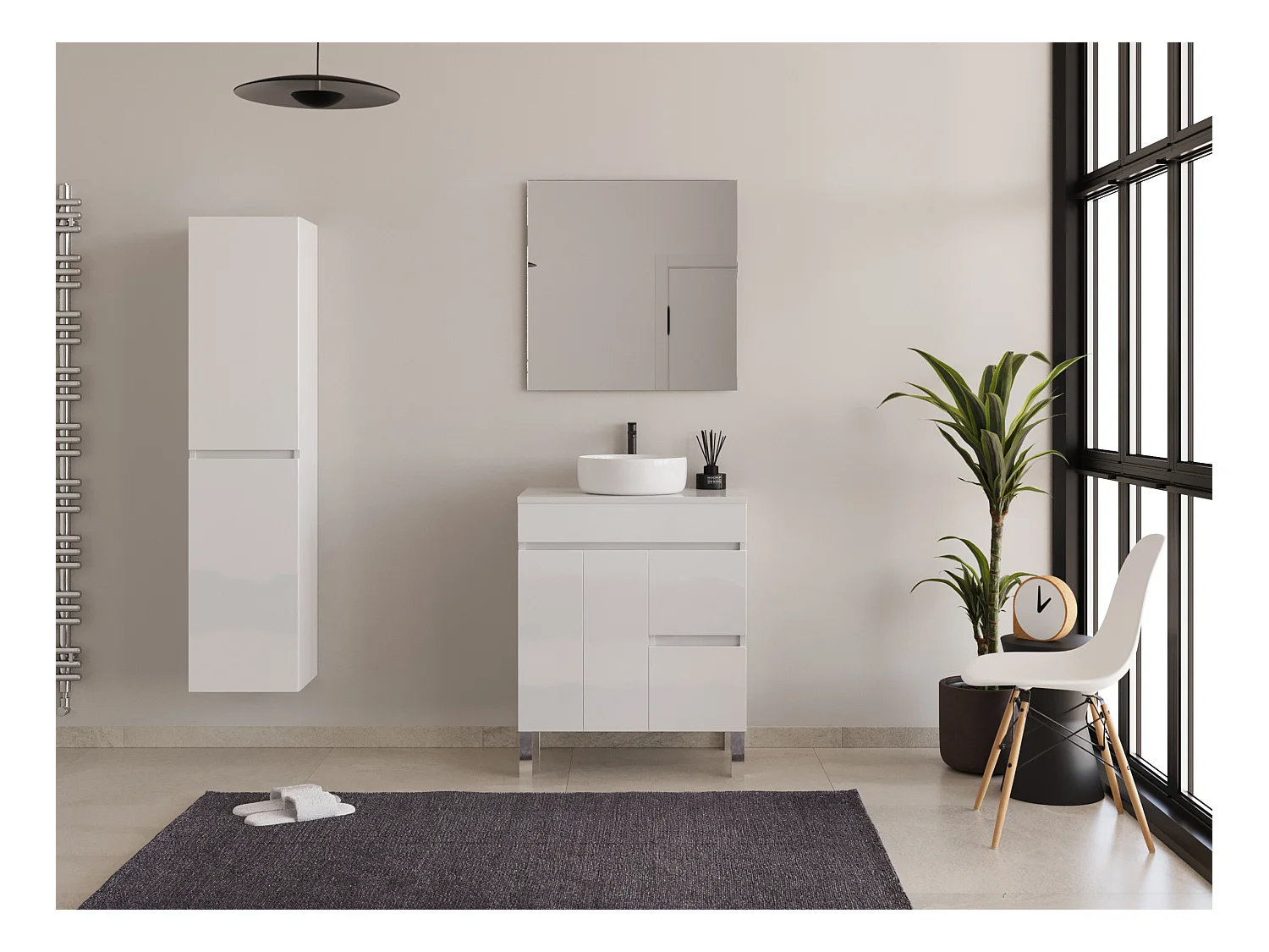 Meuble de salle de bain 70cm sur pieds avec plateau et une cuve à poser ronde - portes et tiroirs - blanc - HARO