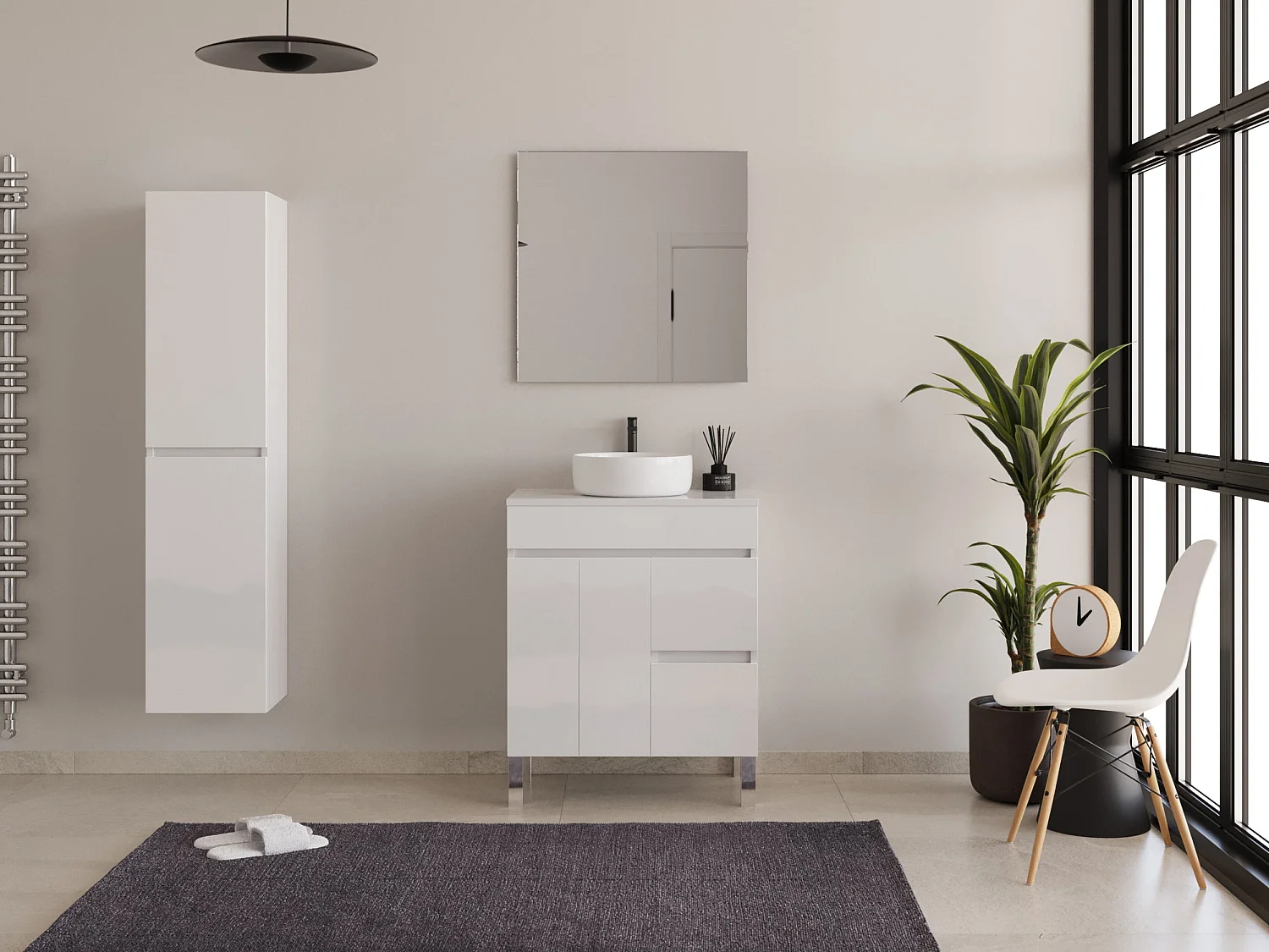 Meuble de salle de bain 70cm sur pieds avec plateau et une cuve à poser ronde - portes et tiroirs - blanc - HARO