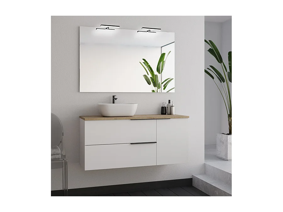 Meuble de salle de bain 100cm avec vasque à poser arrondie et miroir avec appliques - blanc - KING
