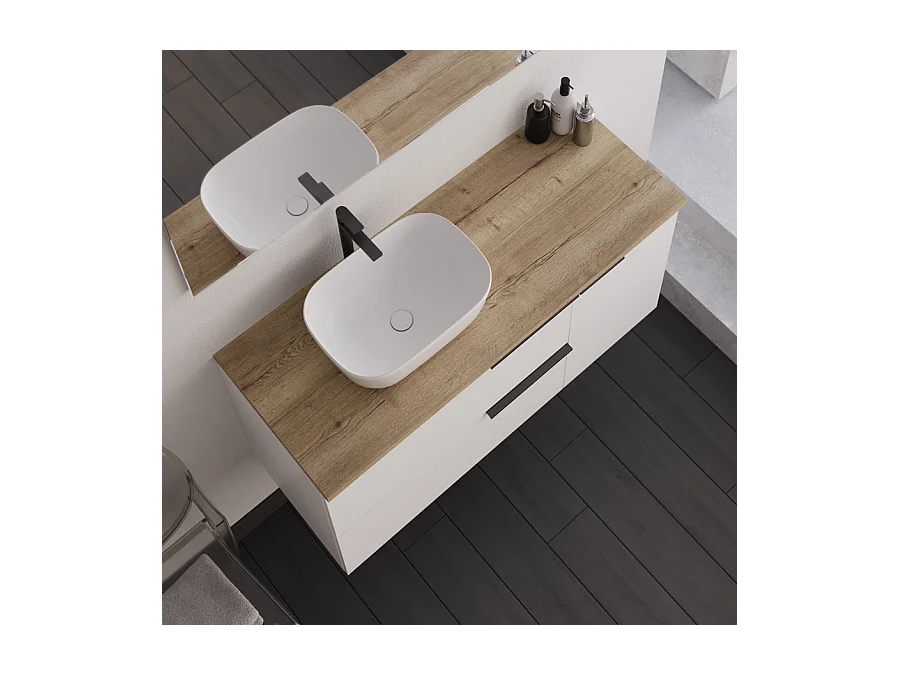 Meuble de salle de bain 100cm avec vasque à poser arrondie et miroir avec appliques - blanc - KING