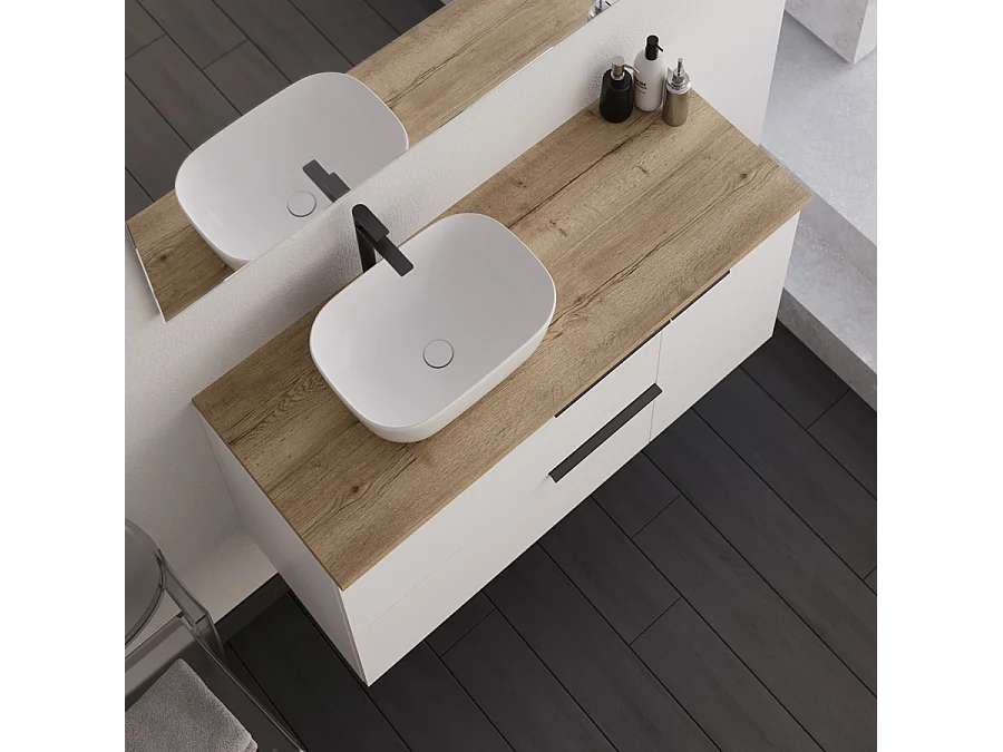 Meuble de salle de bain 100cm avec vasque à poser arrondie et miroir avec appliques - blanc - KING