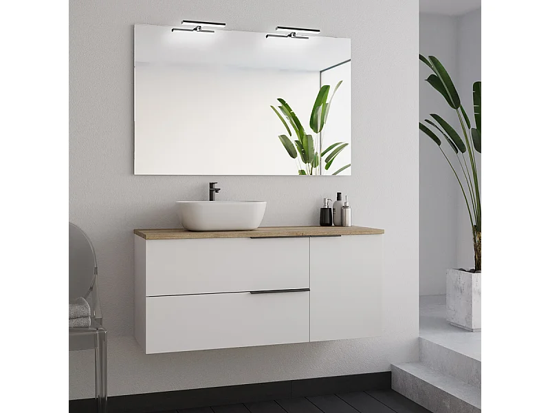 Meuble de salle de bain 100cm avec vasque à poser arrondie et miroir avec appliques - blanc - KING
