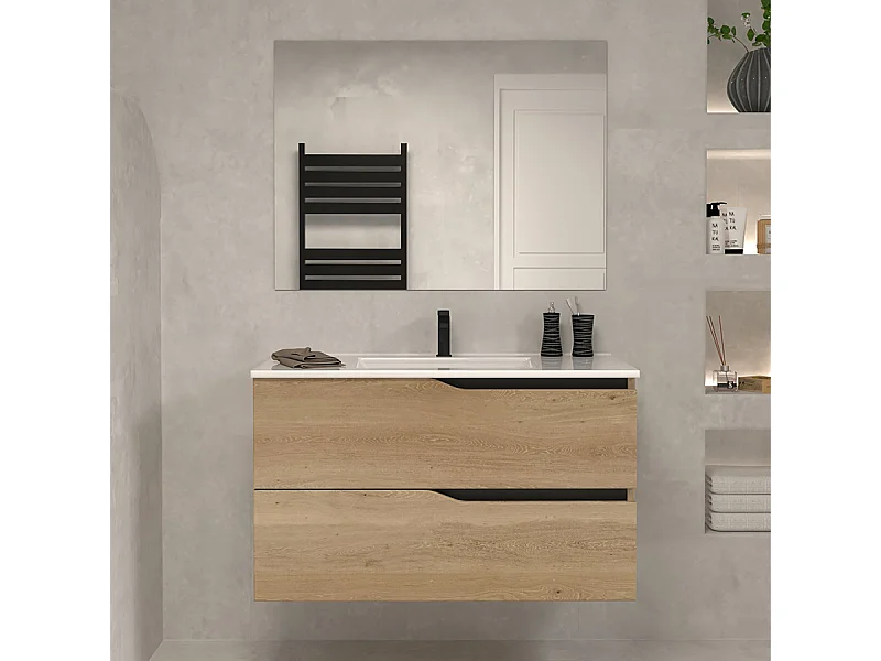 Meuble de salle de bain 70cm simple vasque - 2 tiroirs - madera miel (bois clair) - LUNA