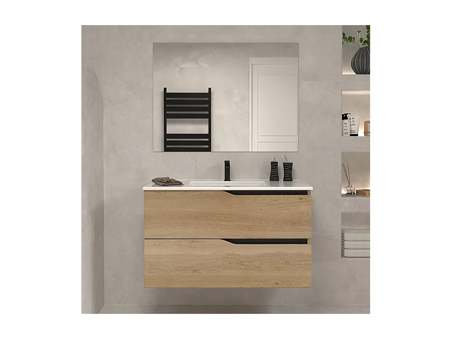 Meuble de salle de bain 70cm simple vasque - 2 tiroirs - madera miel (bois clair) - LUNA