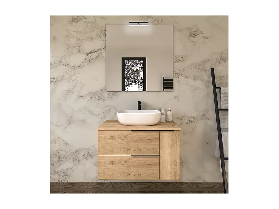 Meuble de salle de bain avec vasque à poser arrondie et miroir avec applique KING - Roble (chêne clair) - 80cm