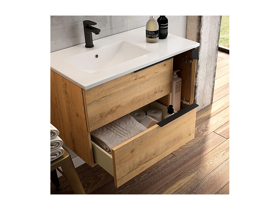 Meuble de salle de bain avec vasque à poser arrondie et miroir avec applique KING - Roble (chêne clair) - 80cm