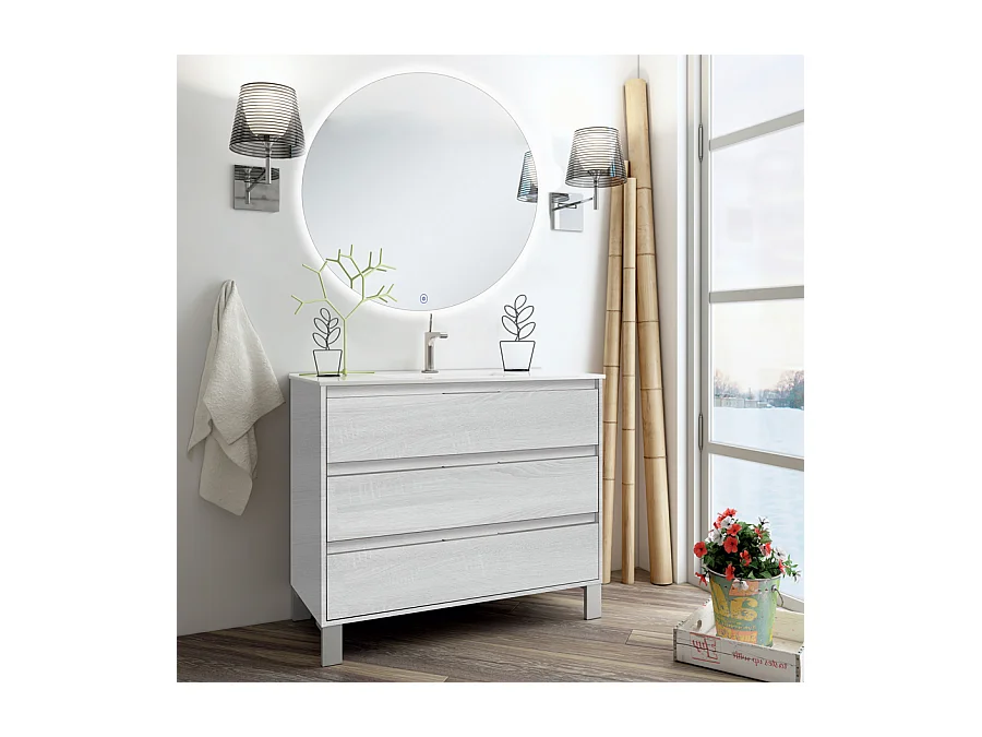 Meuble de salle de bain simple vasque - 3 tiroirs - TIRIS 3C et miroir rond Led SOLEN - hibernian (bois blanchi) - 80cm