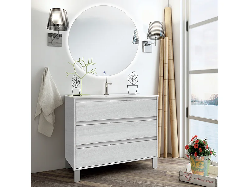 Meuble de salle de bain simple vasque - 3 tiroirs - TIRIS 3C et miroir rond Led SOLEN - hibernian (bois blanchi) - 80cm