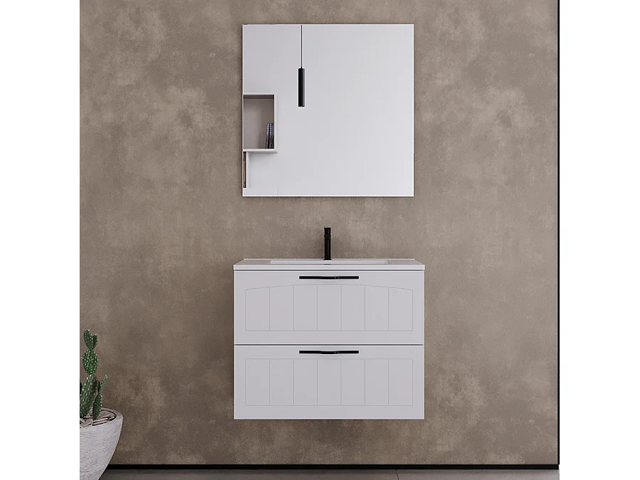 Meuble de salle de bain 60cm simple vasque - 2 tiroirs - blanc - PIA