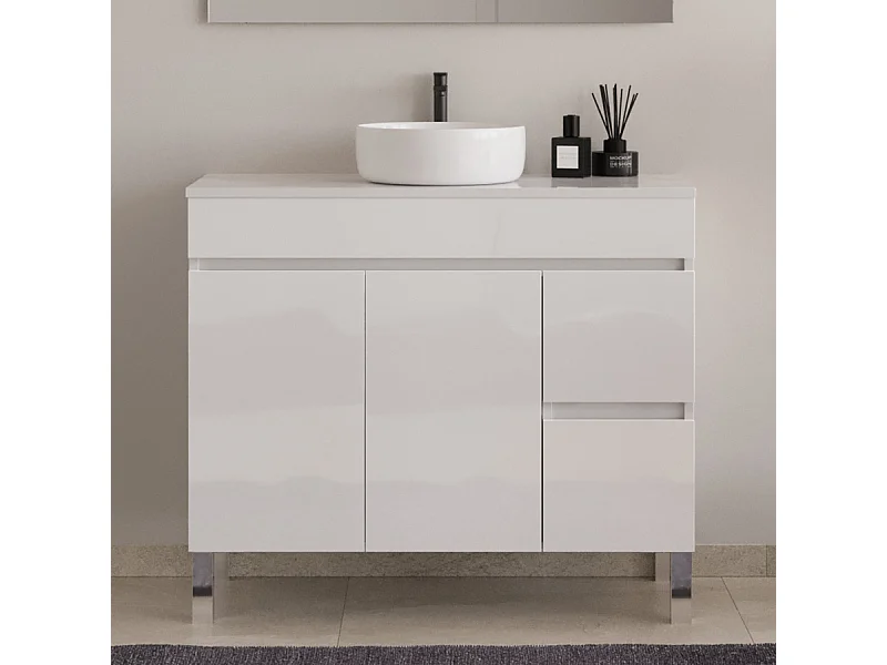 Meuble de salle de bain 100cm sur pieds avec plateau et une cuve à poser ronde - sans miroir - portes et tiroirs - cambrian (chêne clair) - HARO