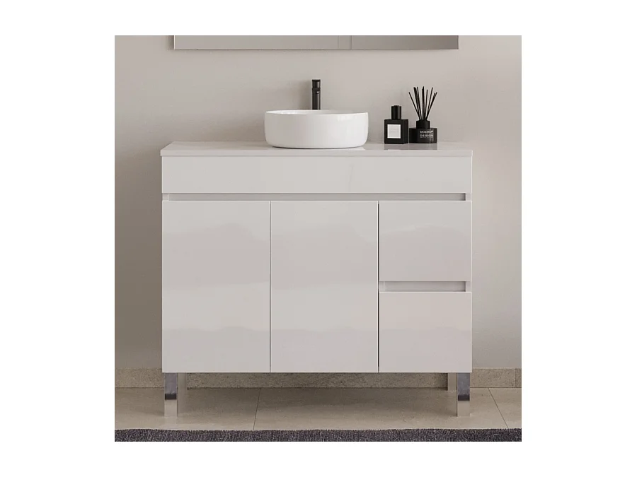 Meuble de salle de bain 100cm sur pieds avec plateau et une cuve à poser ronde - sans miroir - portes et tiroirs - cambrian (chêne clair) - HARO