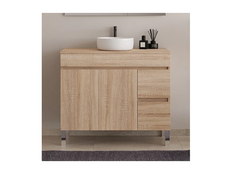 Meuble de salle de bain 100cm sur pieds avec plateau et une cuve à poser ronde - sans miroir - portes et tiroirs - cambrian (chêne clair) - HARO