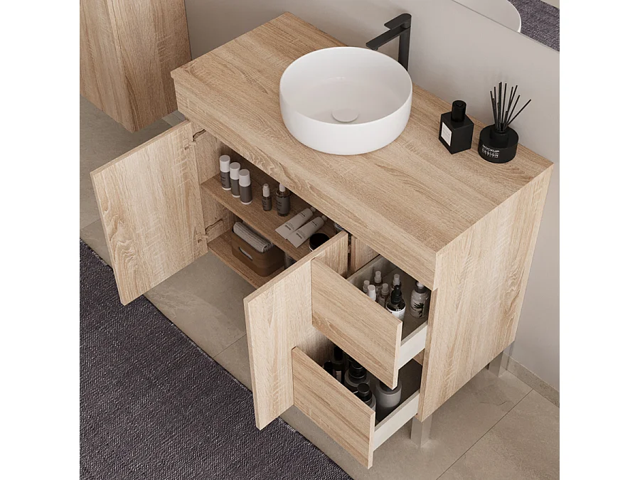 Meuble de salle de bain 100cm sur pieds avec plateau et une cuve à poser ronde - sans miroir - portes et tiroirs - cambrian (chêne clair) - HARO