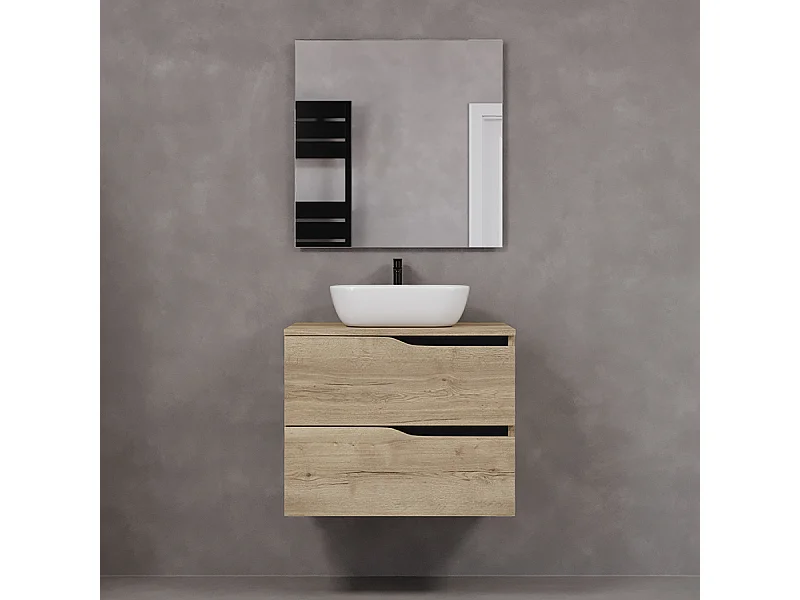 Meuble de salle de bain 70cm avec plateau et vasque à poser zeus - 2 tiroirs - madera miel (chêne clair) - LUNA
