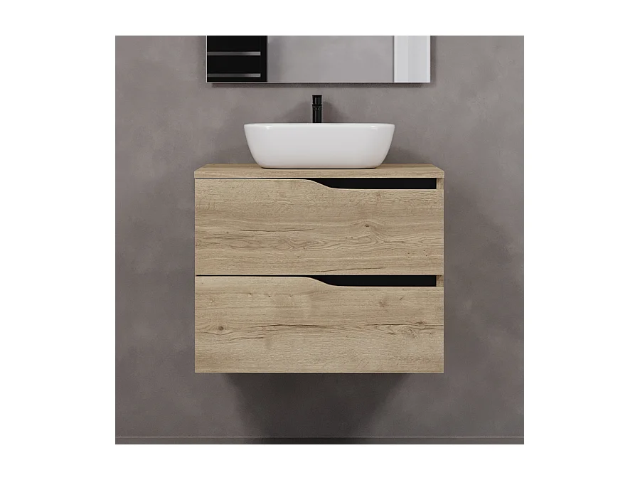 Meuble de salle de bain 70cm avec plateau et vasque à poser zeus - 2 tiroirs - madera miel (chêne clair) - LUNA