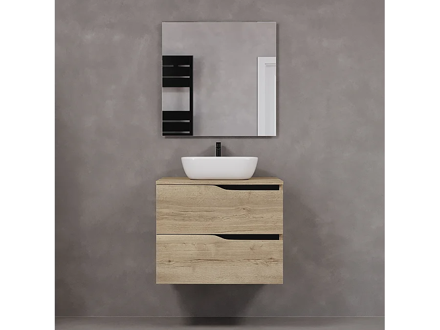 Meuble de salle de bain 70cm avec plateau et vasque à poser zeus - 2 tiroirs - madera miel (chêne clair) - LUNA
