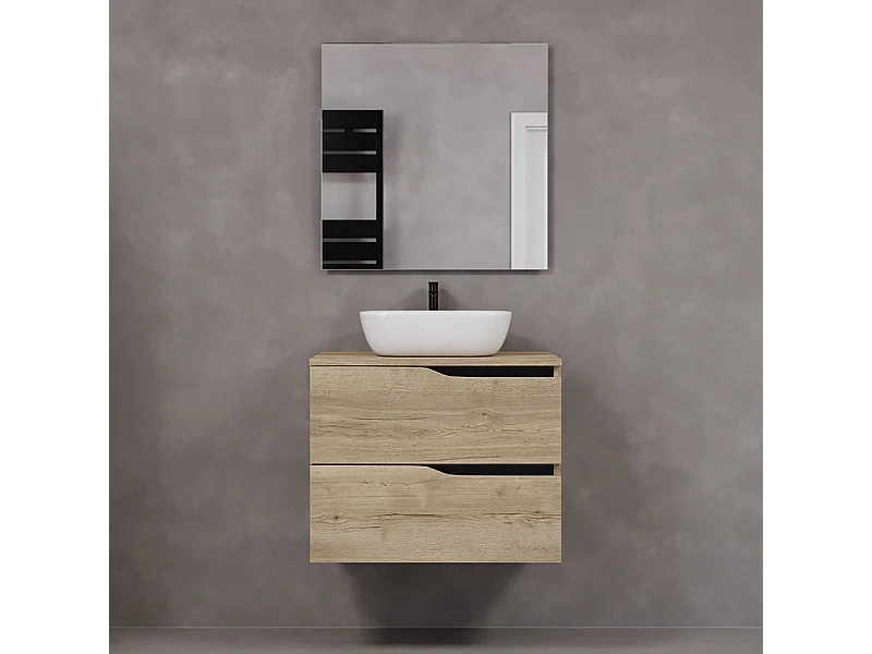 Meuble de salle de bain 70cm avec plateau et vasque à poser zeus - 2 tiroirs - madera miel (chêne clair) - LUNA
