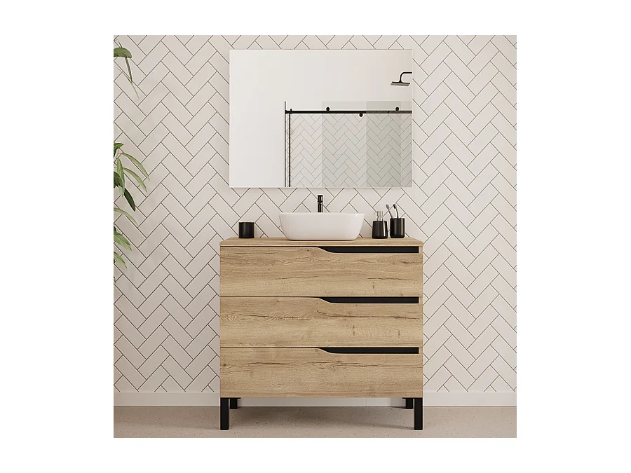 Meuble de salle de bain 90cm avec plateau et vasque à poser zeus - 3 tiroirs - madera miel (chêne clair) - MATA