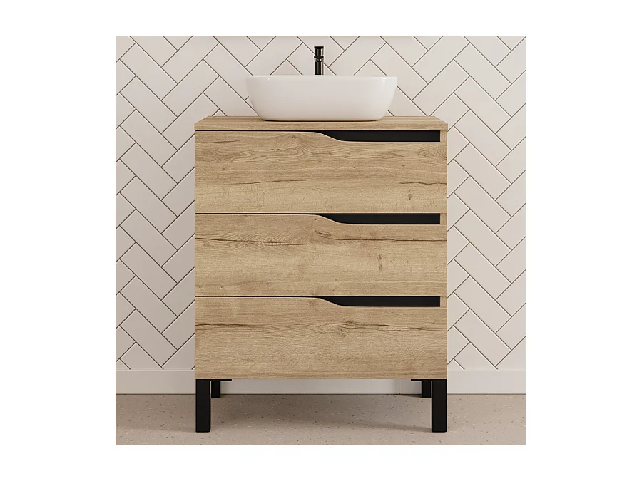 Meuble de salle de bain 90cm avec plateau et vasque à poser zeus - 3 tiroirs - madera miel (chêne clair) - MATA