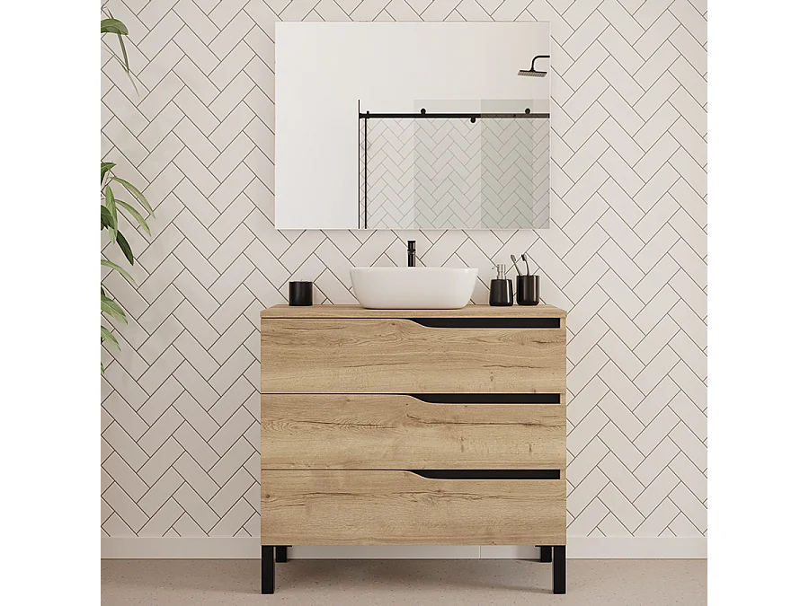 Meuble de salle de bain 90cm avec plateau et vasque à poser zeus - 3 tiroirs - madera miel (chêne clair) - MATA
