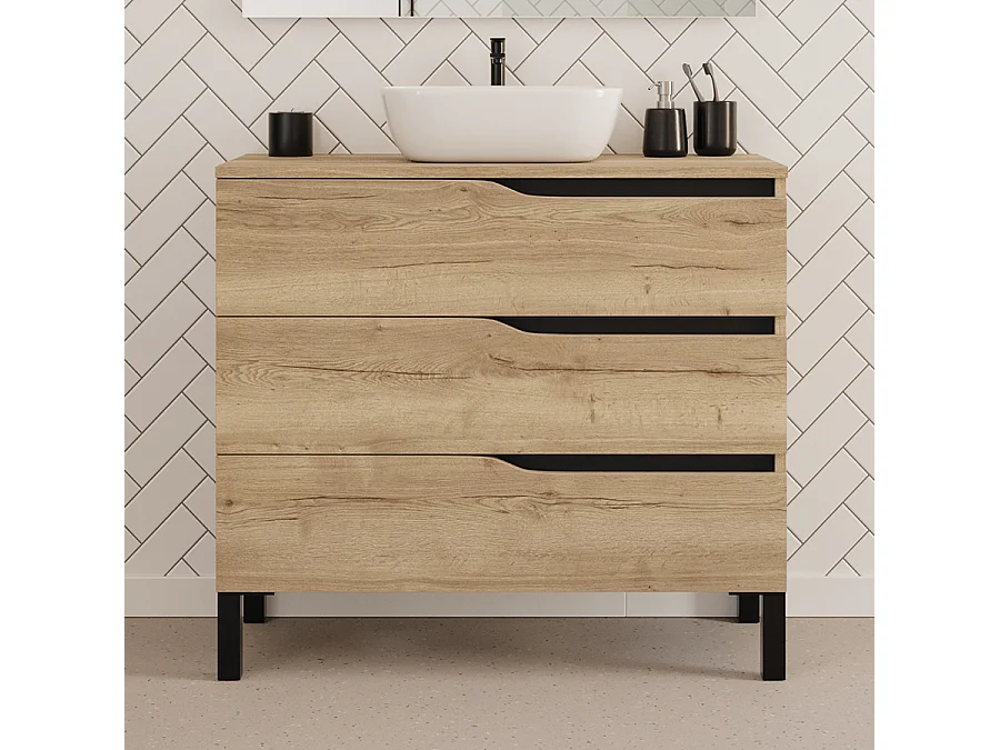 Meuble de salle de bain 90cm avec plateau et vasque à poser zeus - 3 tiroirs - madera miel (chêne clair) - MATA