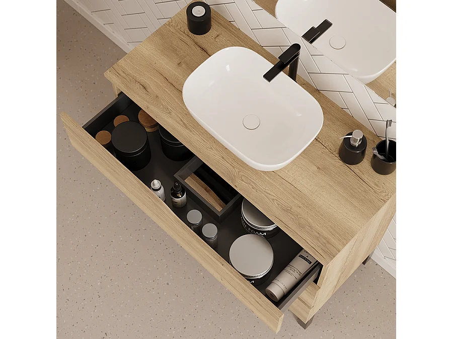 Meuble de salle de bain 90cm avec plateau et vasque à poser zeus - 3 tiroirs - madera miel (chêne clair) - MATA