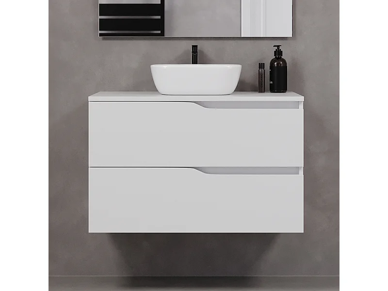 Meuble de salle de bain 90cm avec plateau et vasque à poser zeus - 2 tiroirs - sans miroir - blanc - LUNA