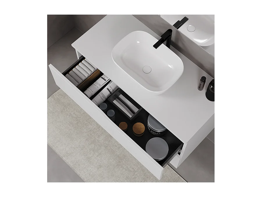 Meuble de salle de bain 90cm avec plateau et vasque à poser zeus - 2 tiroirs - sans miroir - blanc - LUNA