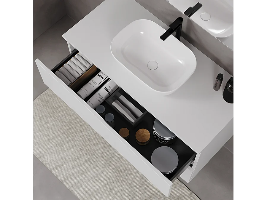 Meuble de salle de bain 90cm avec plateau et vasque à poser zeus - 2 tiroirs - sans miroir - blanc - LUNA