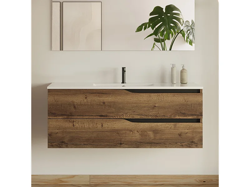 Meuble de salle de bain 120cm simple vasque - 2 tiroirs - tabaco (bois foncé) - LUNA